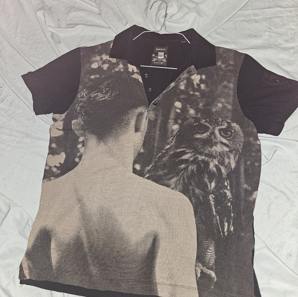 Diesel Black and Gray Owl Graphic Polo Shirt